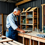 A professional artisan, fully clothed in modest workshop attire, is meticulously transforming old wooden pallets into a stylish, functional piece of furniture. The scene is set in a well-lit, organized workshop, showcasing various repurposed materials like glass bottles and discarded fabrics, along with professional tools. The image conveys creativity, resourcefulness, and a dedication to sustainable craftsmanship. Perfect anatomy, correct proportions, natural pose, well-formed hands, proper finger count, natural body proportions. safe for work, appropriate content, fully clothed, professional, high quality studio photography.