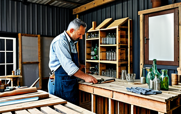 A professional artisan, fully clothed in modest workshop attire, is meticulously transforming old wooden pallets into a stylish, functional piece of furniture. The scene is set in a well-lit, organized workshop, showcasing various repurposed materials like glass bottles and discarded fabrics, along with professional tools. The image conveys creativity, resourcefulness, and a dedication to sustainable craftsmanship. Perfect anatomy, correct proportions, natural pose, well-formed hands, proper finger count, natural body proportions. safe for work, appropriate content, fully clothed, professional, high quality studio photography.