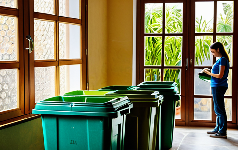 Sustainable Living in Portugal**
A cozy Portuguese home interior, fully clothed family sorting recyclable materials into color-coded bins, sunlight streaming through a window showcasing lush green plants, appropriate attire, safe for work, perfect anatomy, natural proportions, high-resolution photography, professional setting, modest background, family-friendly environment.
**