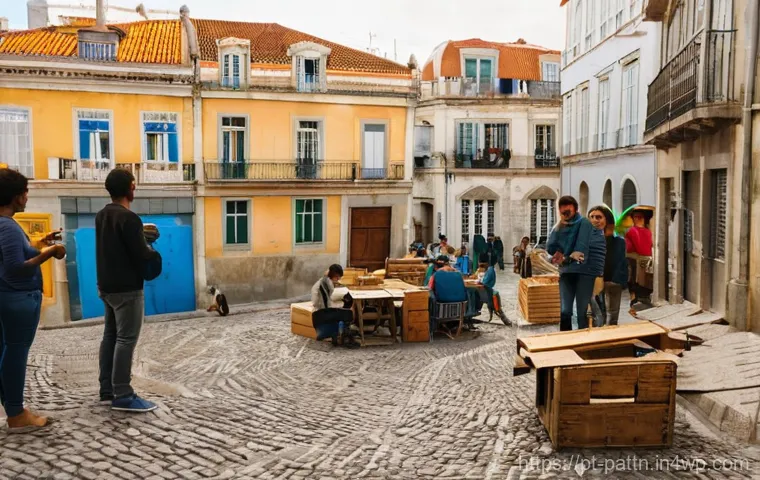 자원순환 경제와 도시의 지속 가능성 - **Prompt:** A lively, sun-drenched street scene in a picturesque, historic neighborhood of Lisbon, P...