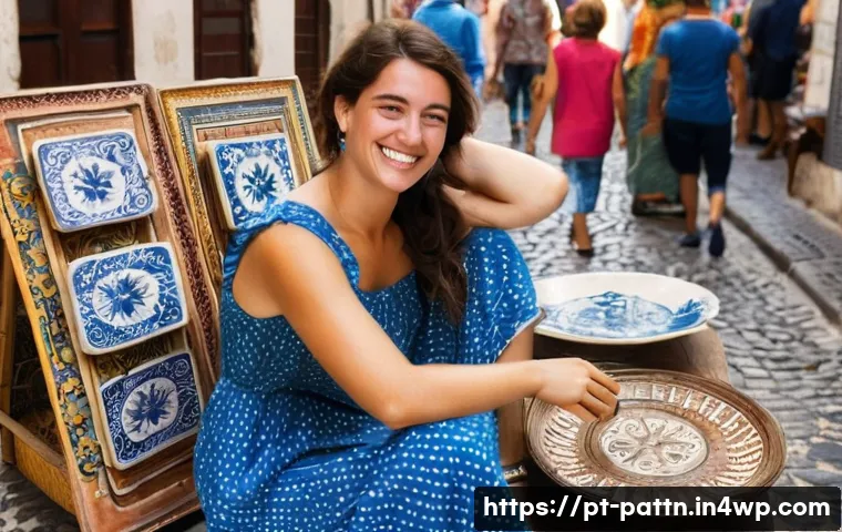 자원순환 경제와 지속 가능한 소비 - **Prompt:** A vibrant and bustling flea market scene in Lisbon, Portugal. A young woman in her late ...