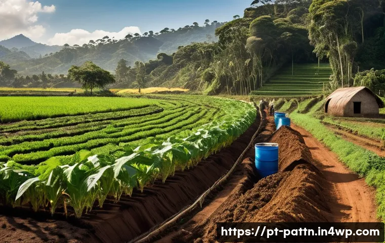 자원순환 경제와 지속 가능한 농업 - A vibrant rural farm scene in Brazil showcasing sustainable agricultural practices: farmers in casua...