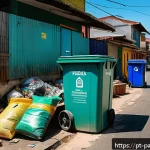 Home 21 자원순환 경제 모델의 발전 동력 - A vibrant urban scene in a Brazilian neighborhood showcasing a digital selective waste collection