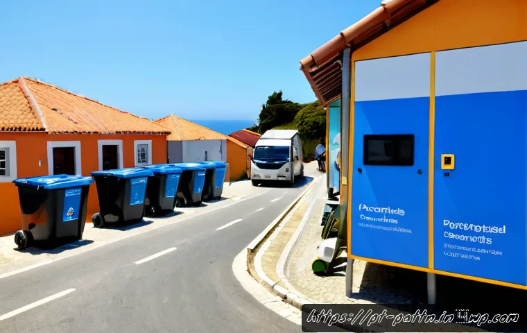 자원순환 경제 모델의 지역 특성 - Photorealistic circular economy scene in a sunlit Portuguese coastal town: a municipal recycling hub...